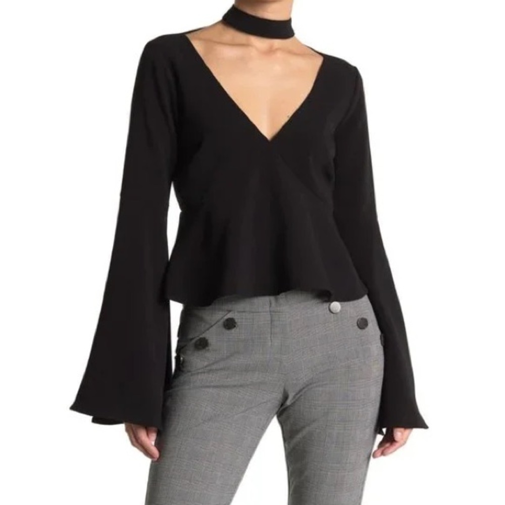 Black V-Neck Choker Neck Peplum Top with Bell Sleeves
